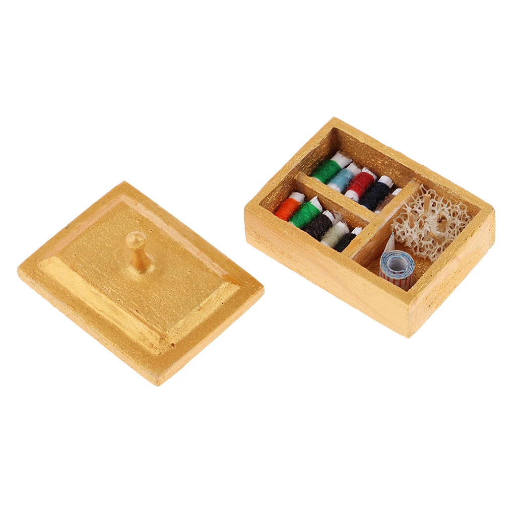 

Miniature Wood Sewing Box Set Knitting Threaded Spool Kit Model For 1/12 Dollhouse Any Room Items Accessories