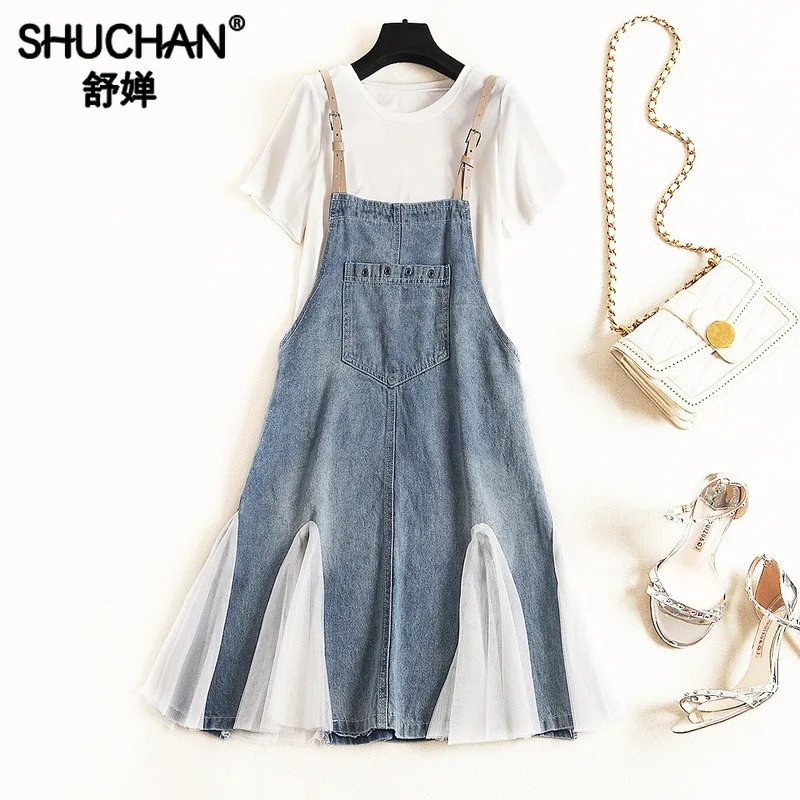 

Shuchan 2019 Designer 2 Pieces Set Denim Spaghetti Strap Dress+ WhiteT-shirt Korean Style Women Summer Women's Suits 51482