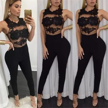 

Summer Women's Sexy Perspective Lace Flowers Stitching Jumpsuits Slim Package Hip Piece Trousers Streetwear Women Rompers