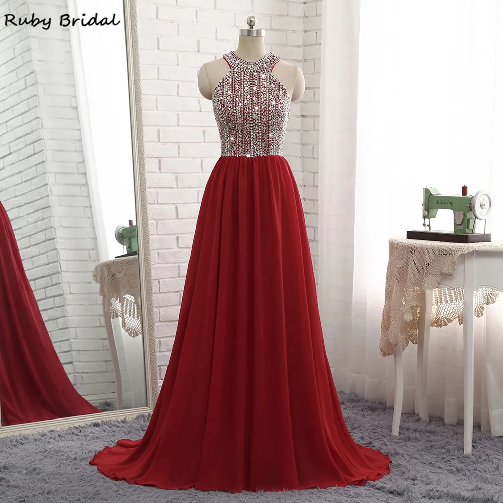 

Ruby Bridal 2017 Vestidos De Fiesta Burgundy Chiffon Beaded Top Prom Dress Luxury A-line Cheap Off Shoulder Prom Party Gown R314