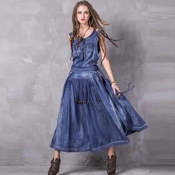 

Womens Dresses New Arrival 2017 A-Line Belted Embroidery O-Neck Swing Hem Maxi Sundress Tassels Belts Boho New Denim Dresses