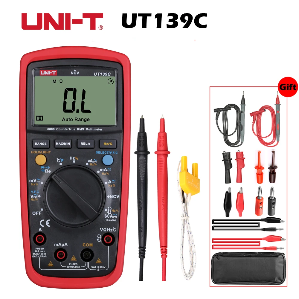 

UNI-T UT139C True RMS Digital Multimeter Auto Range Tester 6000 Counts Voltmeter Resistance Tester Temperature Test Transistor