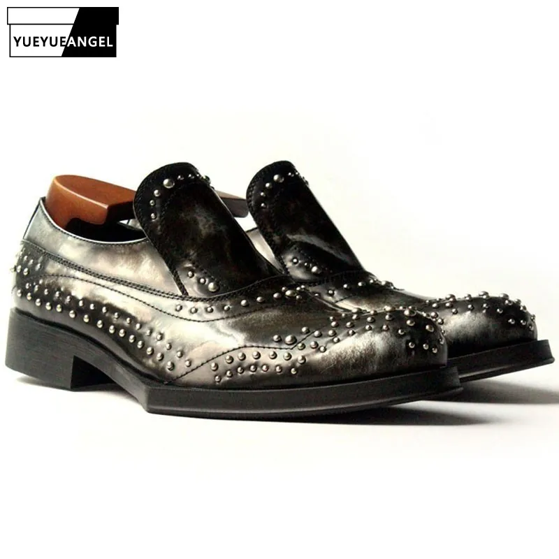 Style Hombre Semelle Mocassins Model Bout Zapatos Hommes Vache Rond Géométrique Classique Glissement Partie En Cuir Chaussures Sur Punk Rivet TEFxz