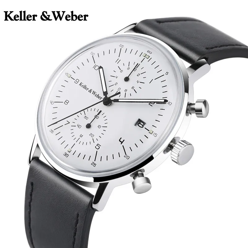 Keller & Weber Chronograph Men's Watch Top Luxury Gift Fashion Quartz Clock Male Genuine Leather Ultra Thin Watches for Men 2018