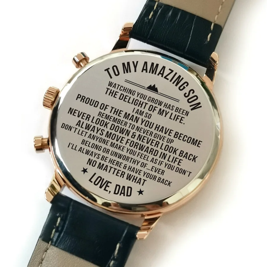 K4500-7 Dad To My Son Роскошные модные часы для отдыха 30 м водонепроницаемые часы с гравировкой календарь 24 часа секунды Dail аналоговые Мужские часы - Цвет: K4509