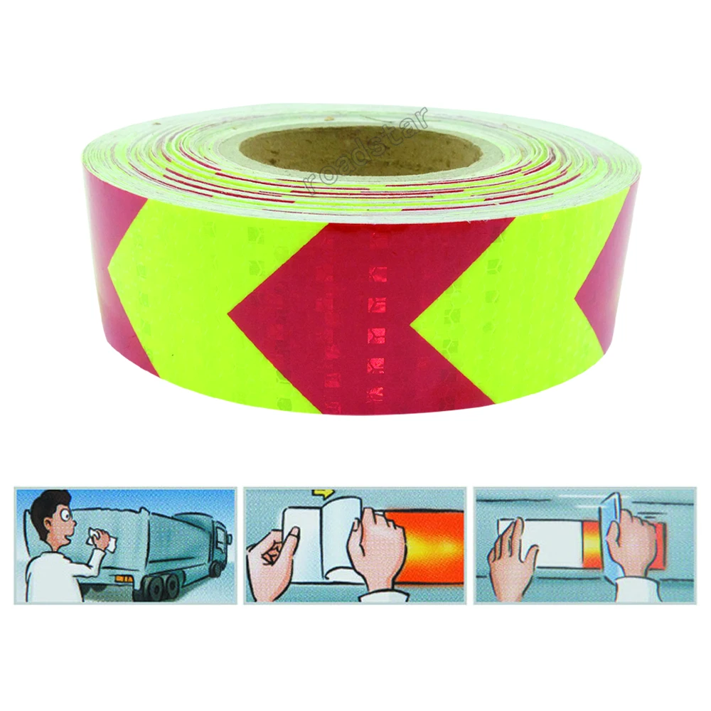 5cmx20m PET Arrow Safety Reflective Warning Tape Film Waterproof Sticker for Car Truck fluorescent yellow and red