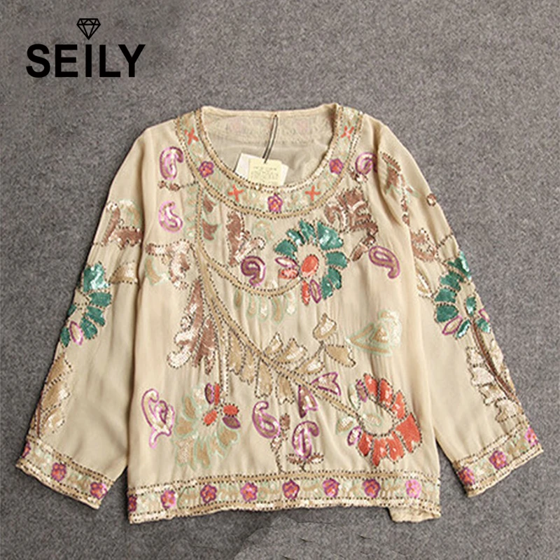 

Vintage Sequin Chiffon Blouse Chinese Handmade Embroidery Ethnic Pattern 3/4 Sleeve Floral Shirt Mujer 2019 Latest Elegant Tops