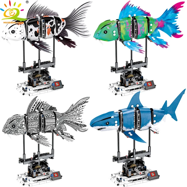 US $20.10 HUIQIBAO 4 Pcs DIY Technic Marine Animal Koi Fish Model Building Blocks Garage Children Educational