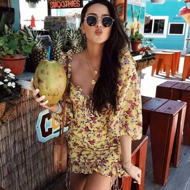 Skup 2019 Sexy żółty w kwiaty drukuj letnia sukienka wzburzyć szczegóły długie rękawy sukienka mini dla kobiet krawat dekolt sukienek