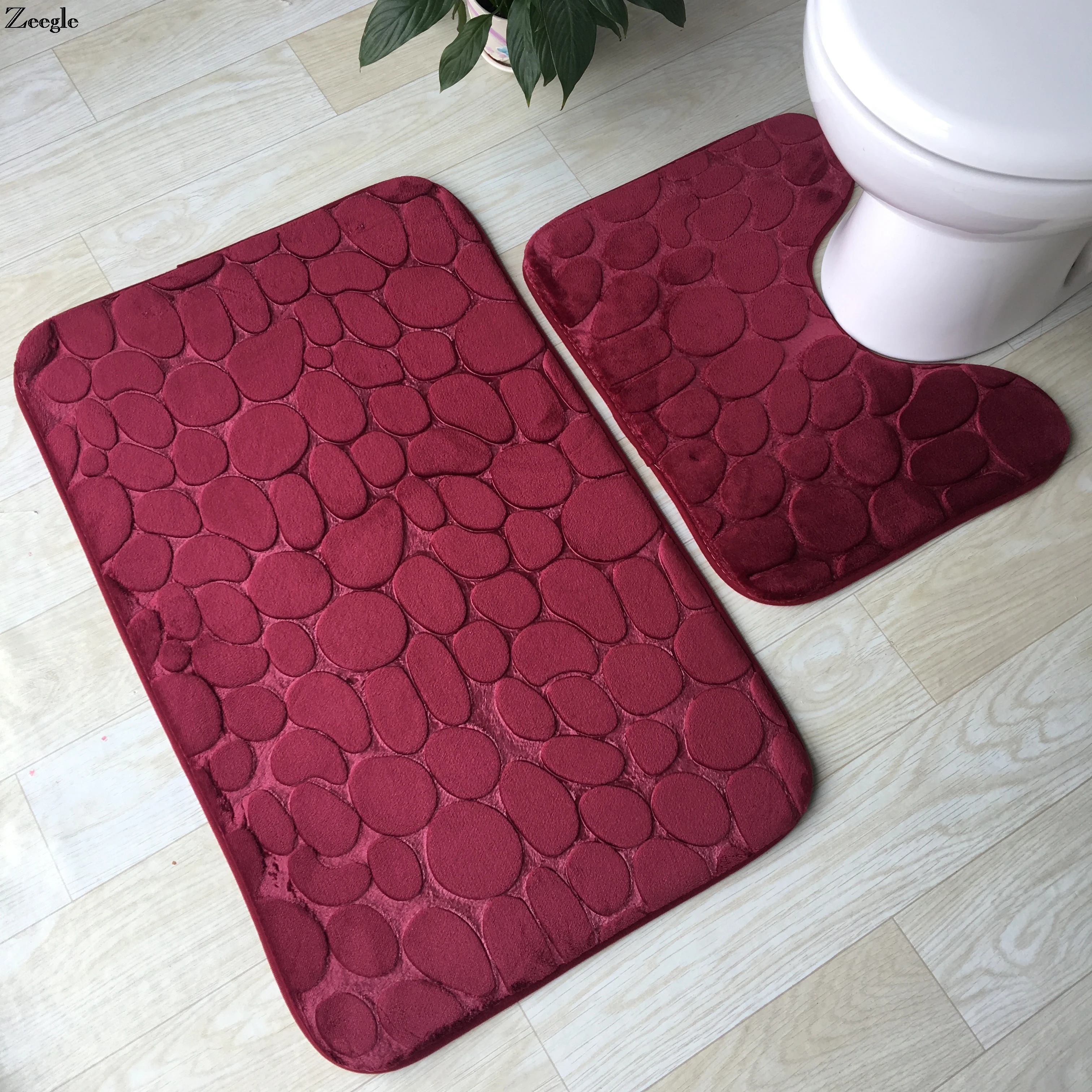 Bath Mat 2PCS Non Slip Pedestal Mat Toilet Rug Memory Foam Bathroom Pebble Red 