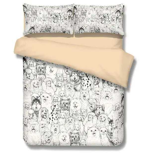 3D Puppy Duvet Cover Set, Hand Drawn Sketch All Kind of Dog