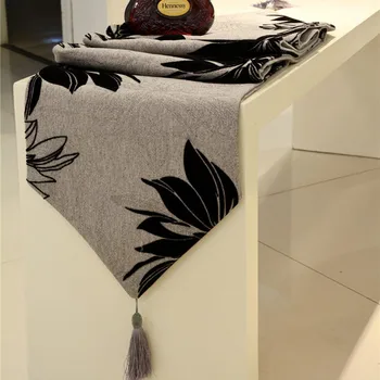

Ivory and grey black flower sequin linen material luxury table runners decoration for dinning room elegant table runner 2017