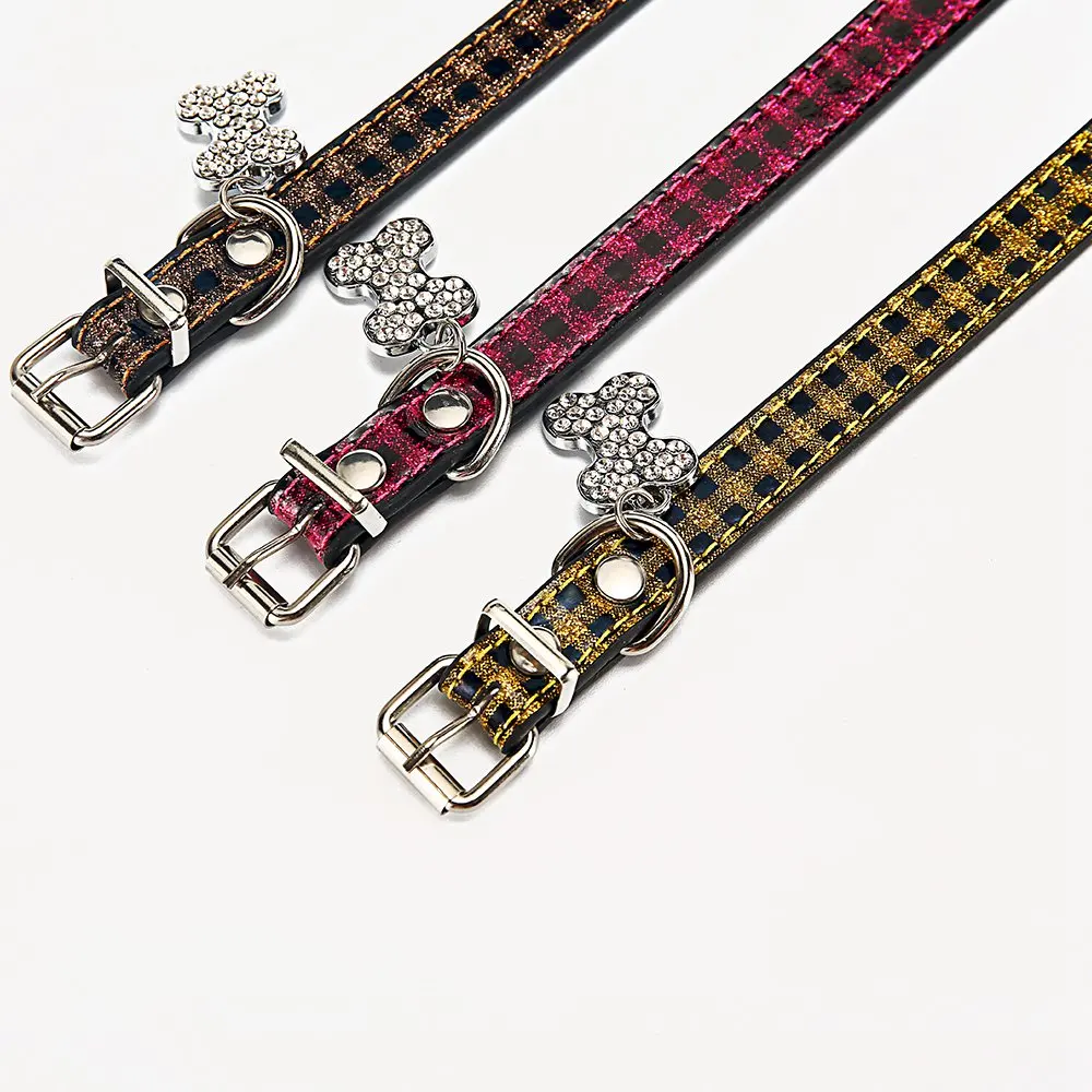 Rhinestone Pet Dog Collar For Cats Bling Pet Kitten Puppy Product Dogs Cat Collars Accessories Solid Plaid Cat Dog Collar LX0012 SI5B6763
