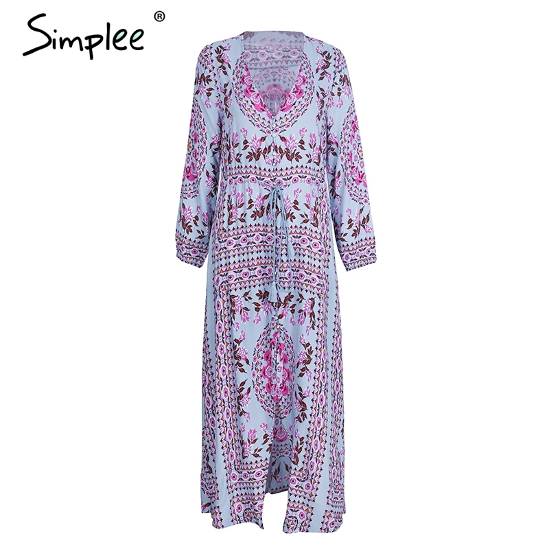 Simplee Floral print v neck summer dress Women long sleeve high waist dress Female beach maxi dresses vestidos long-floral-maxi : image Simplee Floral print v neck summer dress Women long sleeve high waist dress Female beach maxi dresses vestidos long-floral-maxi