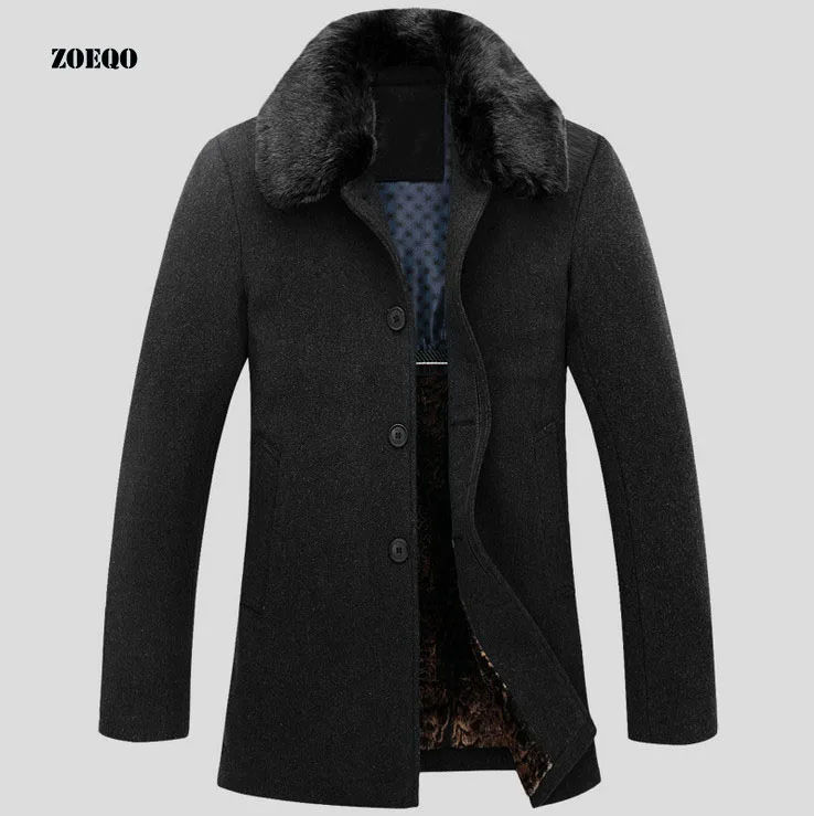 

ZOEQO spring High quality winter autumn outerwear thicken Wool Rabbit fur collar dismountable formal man Warm Fleece jacket
