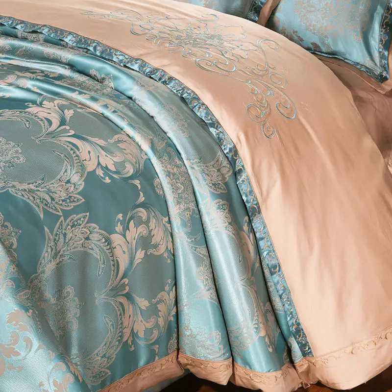 Waliicorners Comfy Bedding Froral Jacquard Satin and cotton King Queen size 4-pieces Bedding Set Luxury, Gray Golden Bedsheet/Fitted shet set 19 258