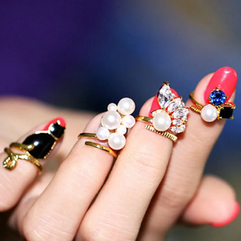 

Timlee R055 Free Shipping New Personality Retro Cat Rhinestone Imitation Pearl Alloy Finger Rings Set Popular Jewelry Wholesale