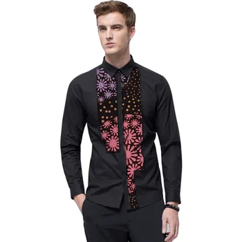 

2018 Fashion Men African Fabric Clothing Dashiki Clothes Batik Printed And Black Cotton Patchwork Long Sleeve Tops Man Shirts