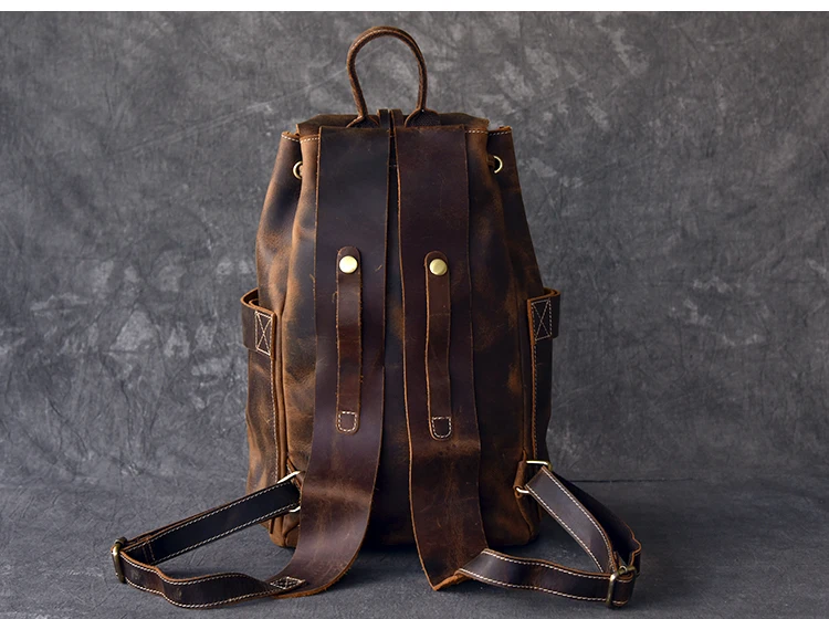Back View of Woosir Genuine Leather Drawstring Bucket Vintage Backpack