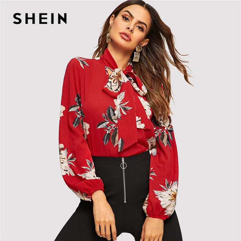 

SHEIN Red Tie Neck Flower Print Stand Collar Long Sleeve Blouse Modern Lady 2019 Spring Women Elegant Lantern Sleeve Blouse