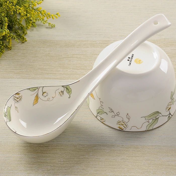 Green leaf painting, natural bone china cooking soup ladle, chinese ceramic soup spoon, for