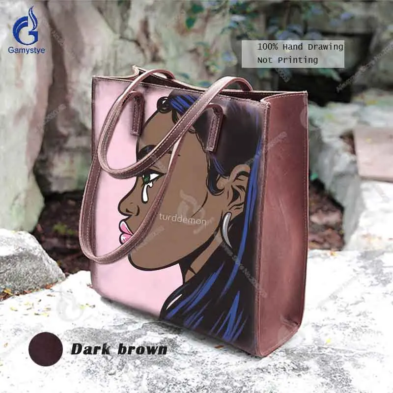 

Female Women Real Genuine Full-Grain Cowhide Bags Hand Painted Art Pop Cry Girl Bags For Women Shoulder Bag Bolsa Feminina Tote