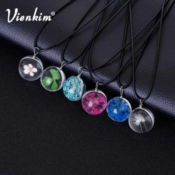 

Vienkim 2019 Hot Fashion Crystal Ball Dandelion Clover Necklace Plant flower Pendant Leather Chain Necklace For Girlfriend Gift