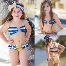 Детское бикини; цельный купальник для девочек; пляжная одежда в темно-синюю полоску