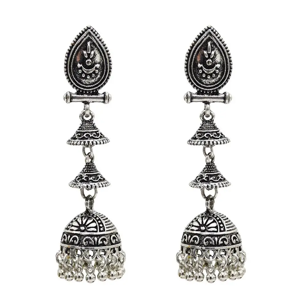 Индийские серьги для женщин, окисленная Jhumka, золото, серебро, большая Длинная кисточка, колокольчики, висячие серьги, цыганская турка, Этнические украшения - Окраска металла: Silver