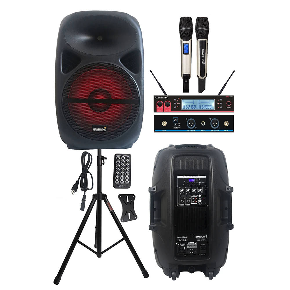 

STARAUDIO 15" 2500W Powered RGB Light Speaker Active Disco BT USB Speaker Stand 2CH Wireless UHF Handheld Microphone SCS-15RGB