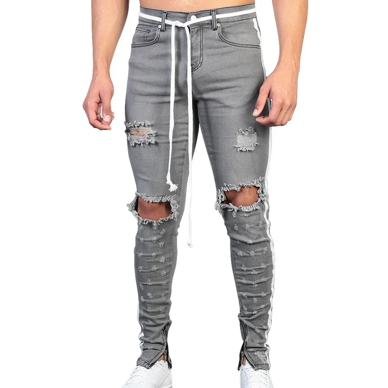 

MJARTORIA 2019 Men Casual Cotton Distressed Knees Ripped Jeans Skinny With Holes Slim Fit Washed Street Male Jeans Soild Jeans