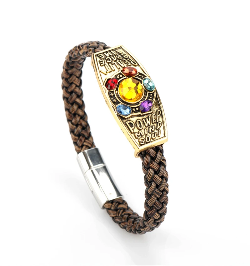 

New Avengers Endgame Thanos Infinite Stone Leather Cord Bracelet Cosplay Wristband Bracelet Props for Men and Women