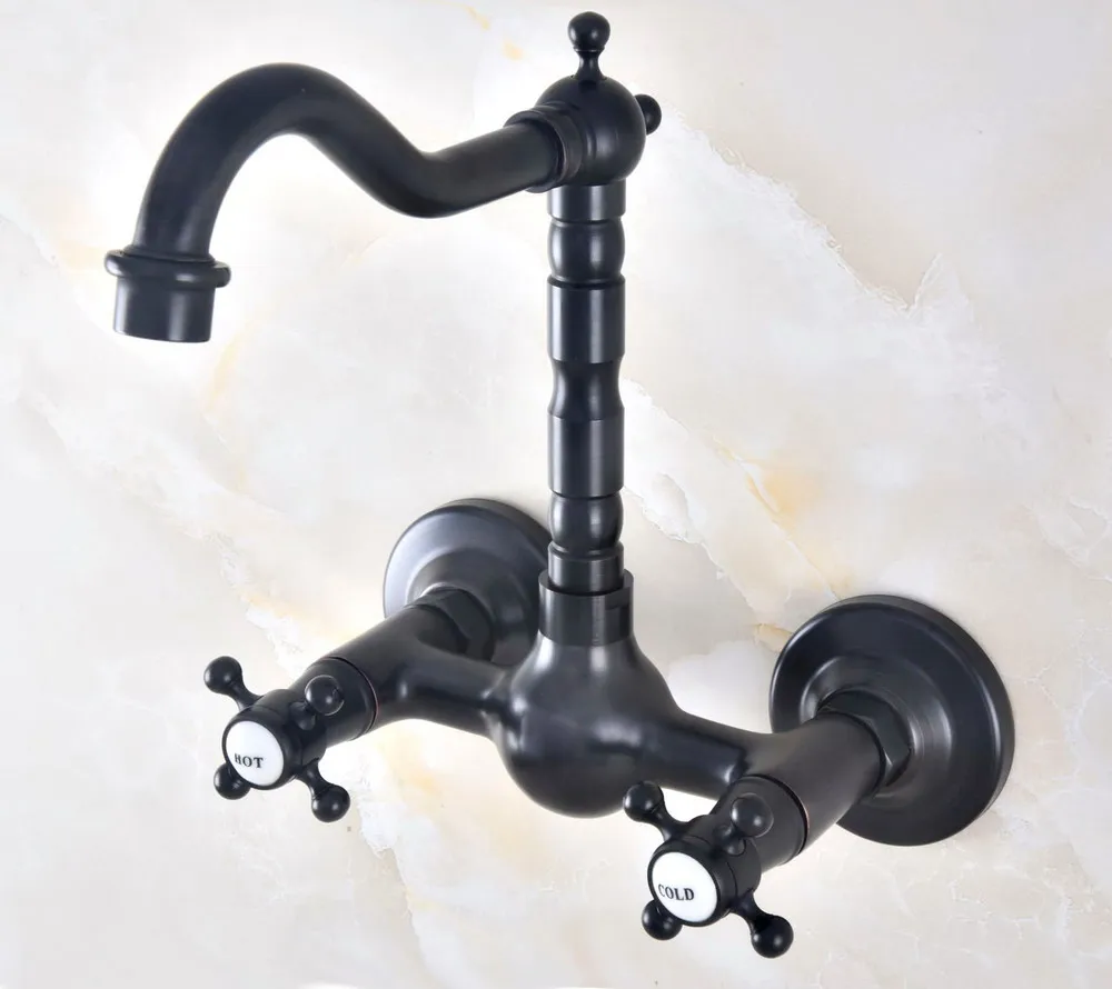 Black Oil Rubbed Bronze Brass Two Cross Handles Wall Mount Swivel Spout Kitchen & Bathroom Basin Sink Faucet Mixer Tap anf469