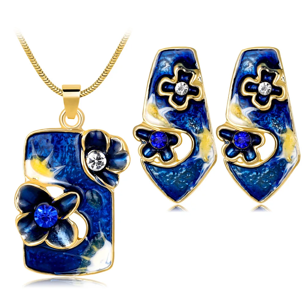 HC Fashion Enamel Flower Pendant Earrings Necklace Sets Women Vintage