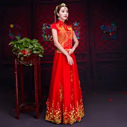 Невесты Красный Традиционный китайский Стиль свадебное платье Qipao короткий рукав вышивка Феникс Cheongsam Лето Для женщин вечернее платье