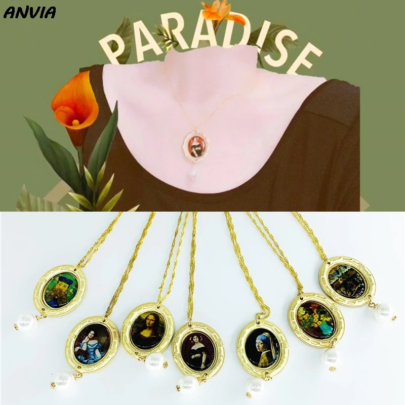 

Van Gogh Oil Painting Mona Lisa Accessories Statement Gold Chain Vintage Baroque Pearl Pendant Long Necklace For Women Wholesale