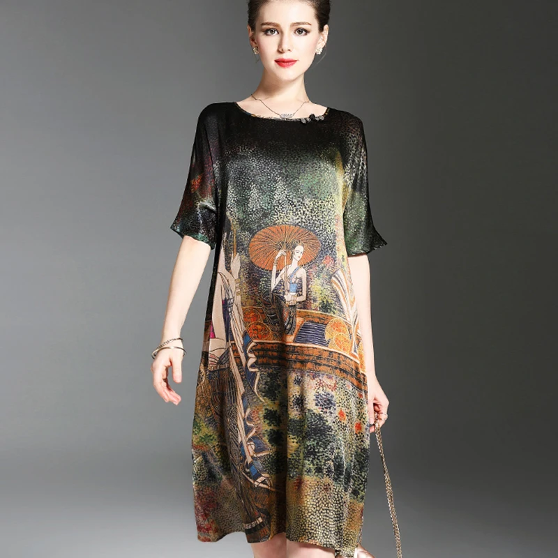 

New Summer Middle Age High Quality Silk printing Dress Vintage Elegant Large Size Loose Five-point sleeve O-Neck Women Dress