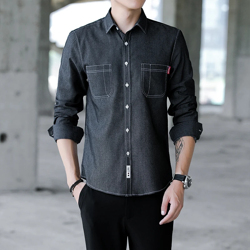 

2018 New Trendy Jeans Shirt Double Pocket Autumn Men Shirt Long Sleeve Slim Fit Black Blue Comfortable Shirt For Men