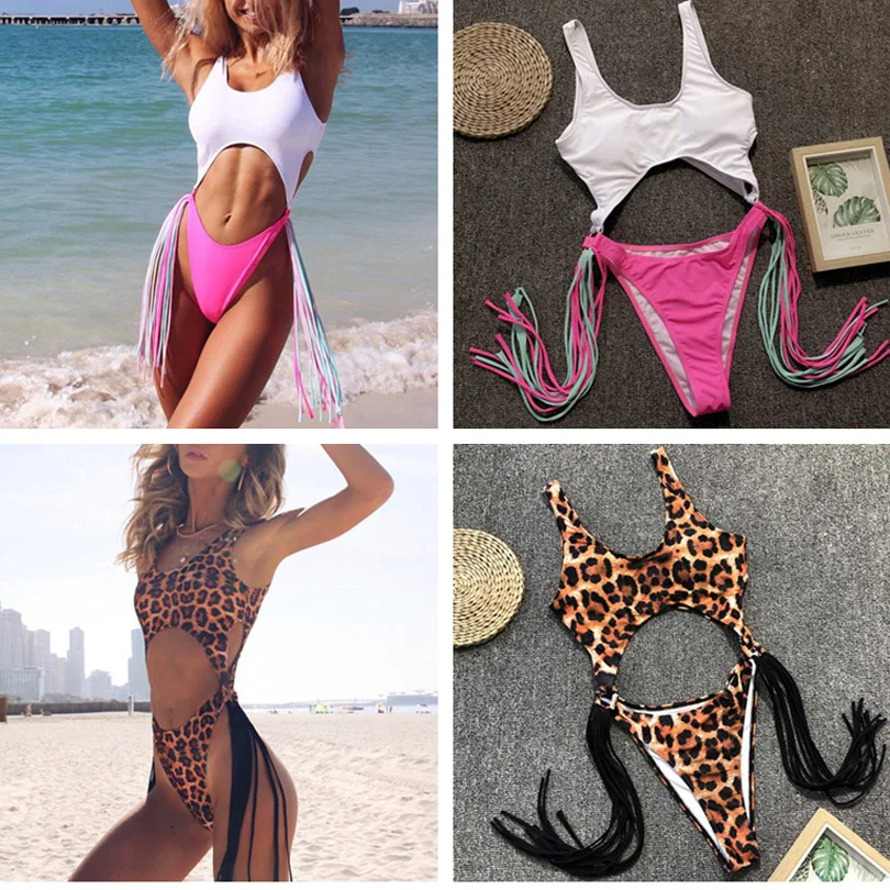 

2019 New Sexy Leopard Swimwear Tummy Cut Out One Piece Swimsuit Female Tassel Bather Hollow Out Bathing Suit Swim Wear Lady