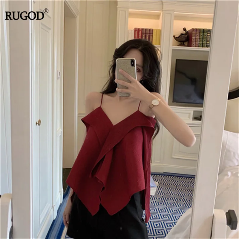 

RUGOD Tank Top Summer Women 2019 New Solid V-Neck Spaghetti Strap Irregular Stylish Sexy Top Outwear Off The Shoulder חולצות נש