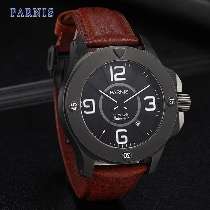 47mm Parnis Stainless Steel Watch Men Pvd Case Sapphire Crystal Black Dial PA6035 Automatic Movement Mechanical Wristwatch