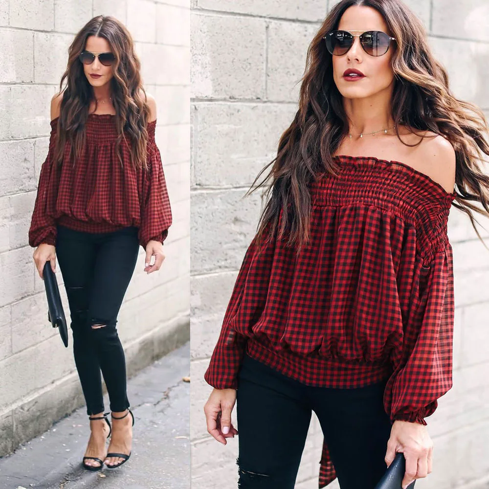 

Autumn Red Plaid Print Women Blouse Off Shoulder Cut Out Tie Party Long Sleeve Blouses Shirt Casual Streetwear Female Top Blusas