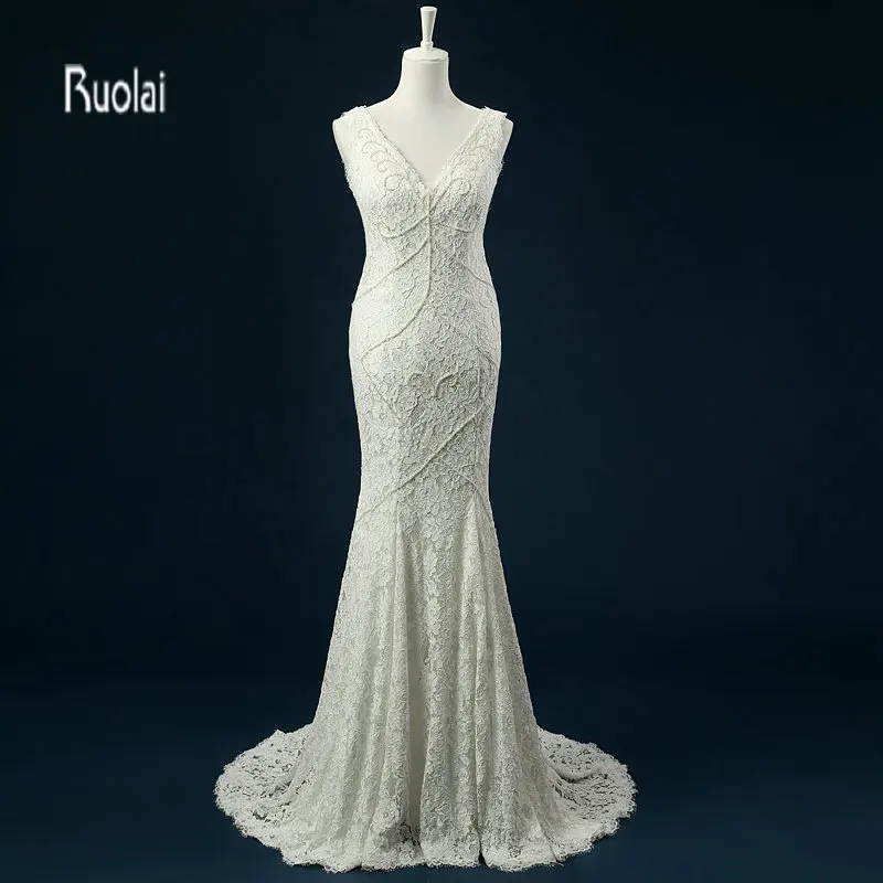 vestido de noiva Lace Mermaid Wedding Dress 2018 Sleeveless V Neck Pearls Beach Gowns Open Back Bridal Dresses | Свадьбы и торжества
