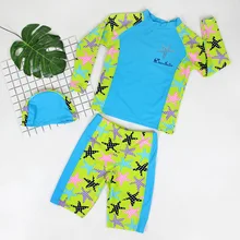 3 шт./компл., купальные костюмы для мальчиков новая пляжная одежда с длинными рукавами, купальный костюм для мальчиков, шапочки для бассейна, рубашки, штаны, купальный костюм для мальчиков, плавки