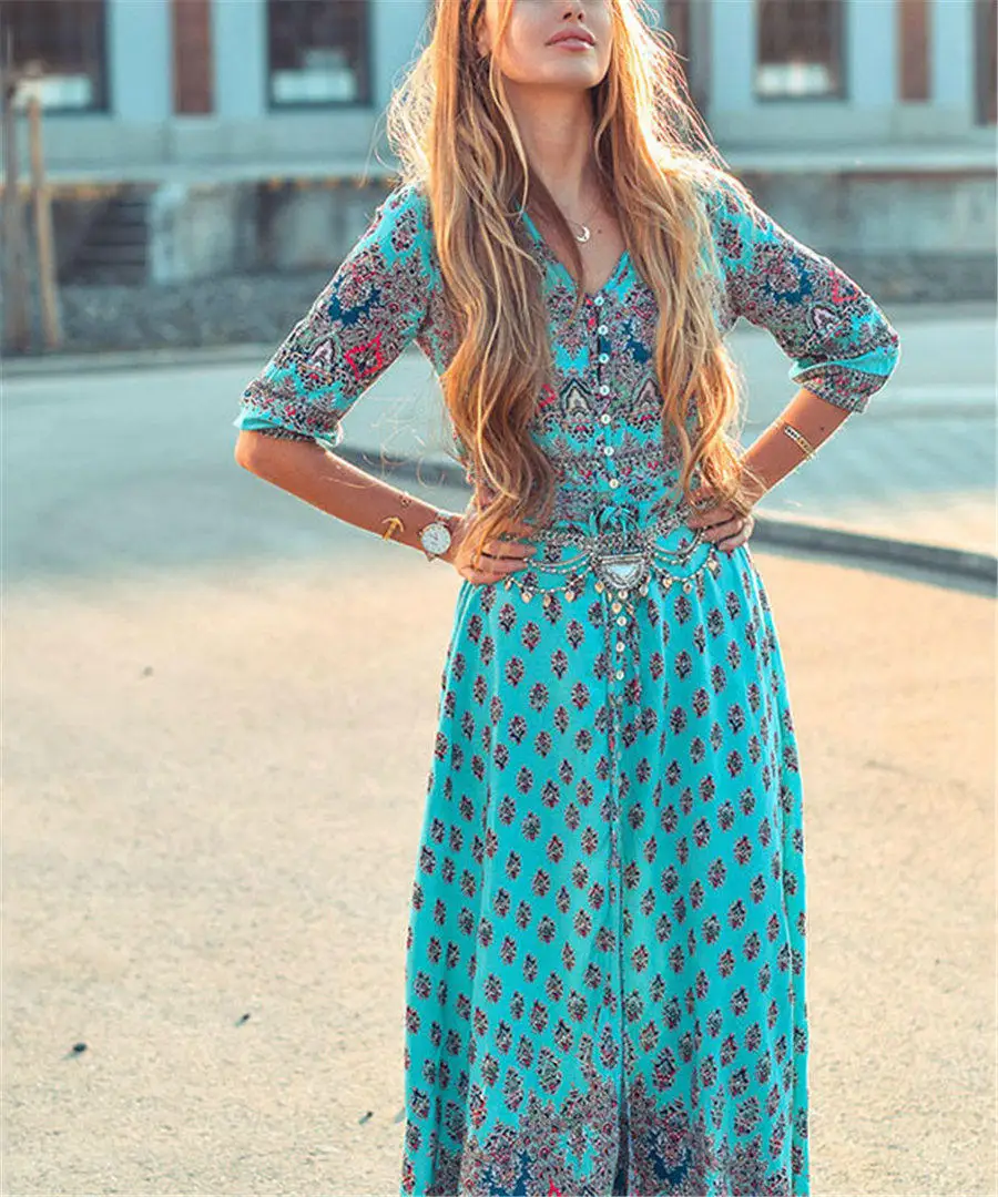 Gladiolus Boho Long Summer Dress Women Half Sleeve V Neck Button Print Floral Women Beach Dress 2019 Ladies Sexy Maxi Dresses (30)