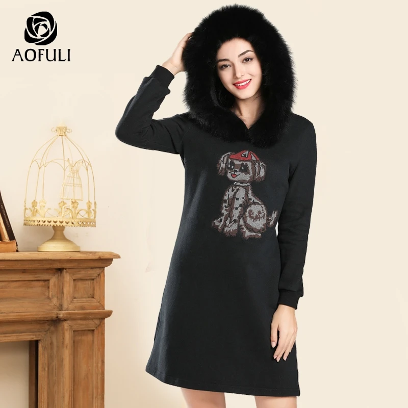 3XL/4XL платье с меховым капюшоном и вышивкой собак женская одежда больших размеров