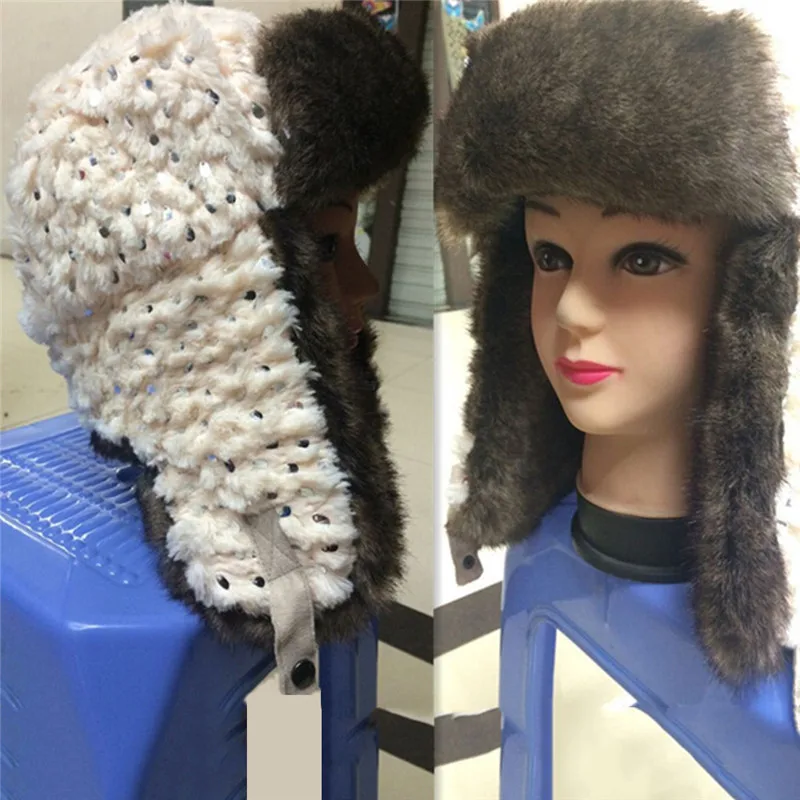 Женские шапки с блестками, зимняя теплая женская шапка с ушками, Повседневные шапки в русском стиле, черные шапки, рождественские подарки, шапки 020