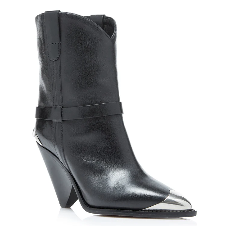 

New Italian Style Fashion Motorcycle Boots Women Cap Toe Slip On Genuine Leather Women Ankle Booties Chunky Runway Shoes