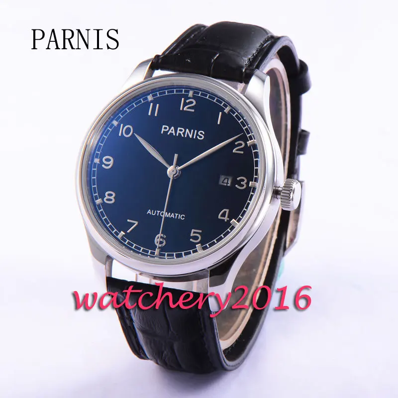 

Latest 43mm Parnis Black Dial Silver Marks automatic mechanical movement mens watch date adjust Automatic Movement Men's Watch