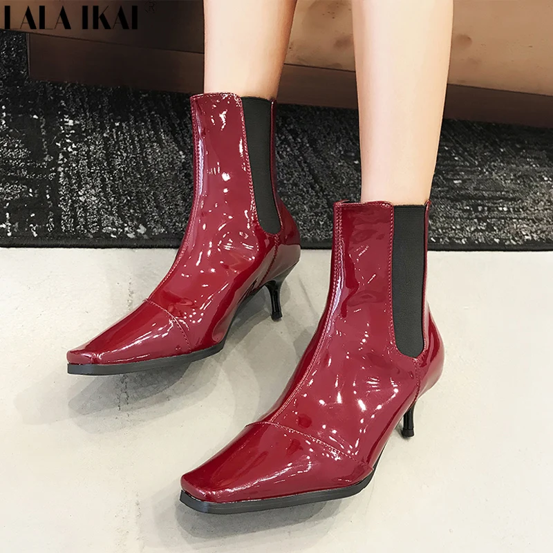 

LALA IKAI Chelsea Boots Women Sexy Square Toe Patent Leather Ladies Boots Thin Heels Slip-On Autumn Botas Mujer XWC2178-45